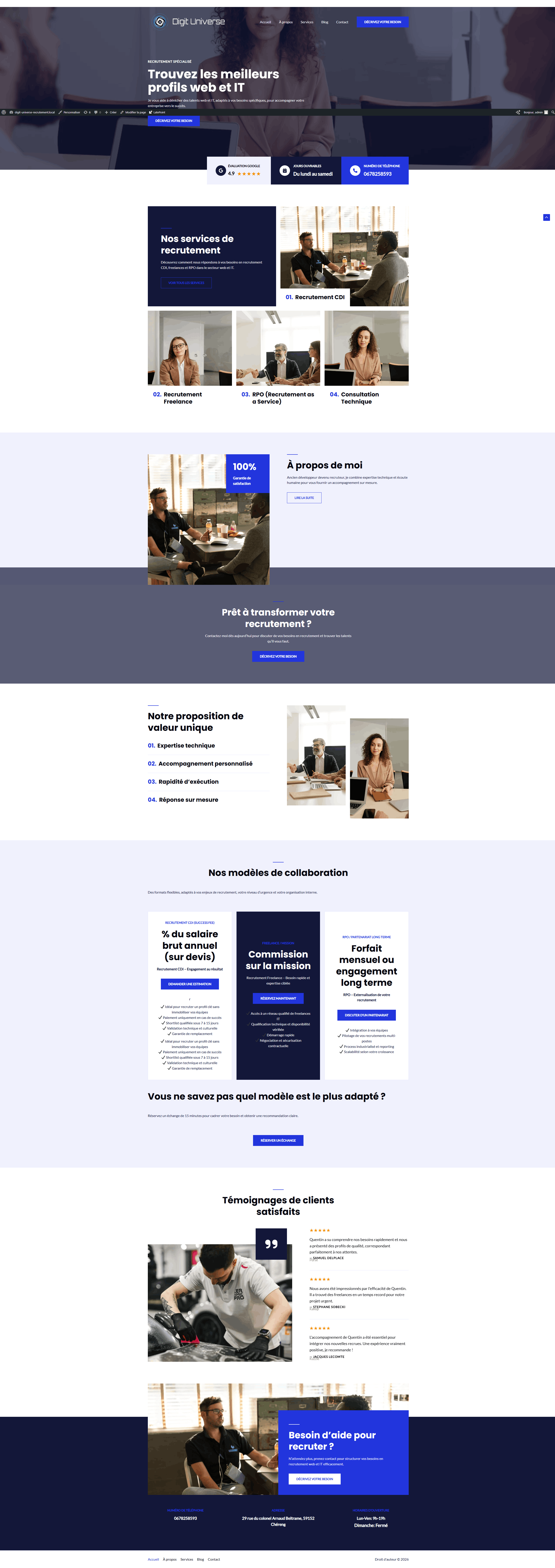 Page d’accueil — proposition de valeur, services, preuve sociale et appels à l’action.