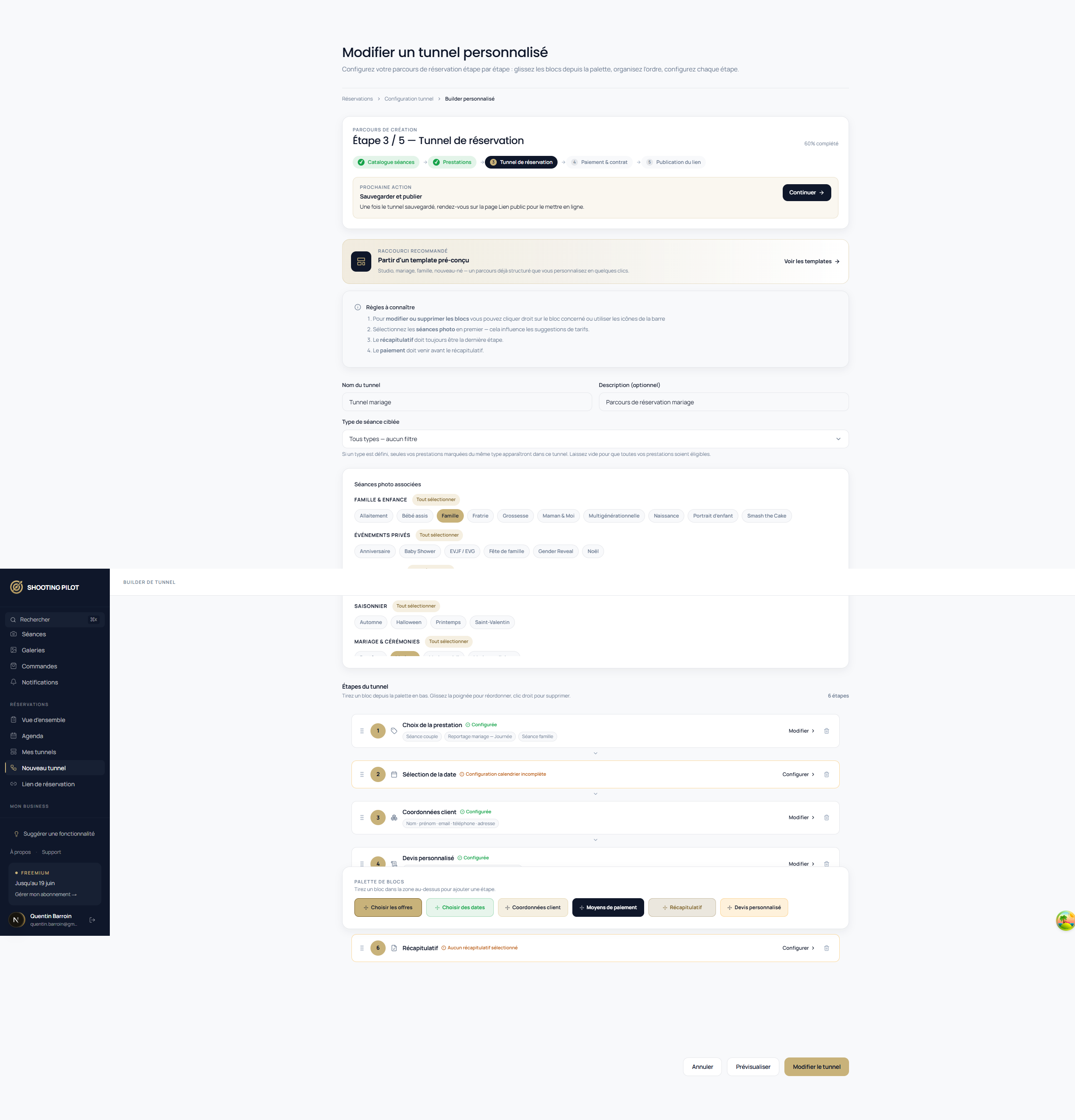 Booking funnel editor — services, options, layout.