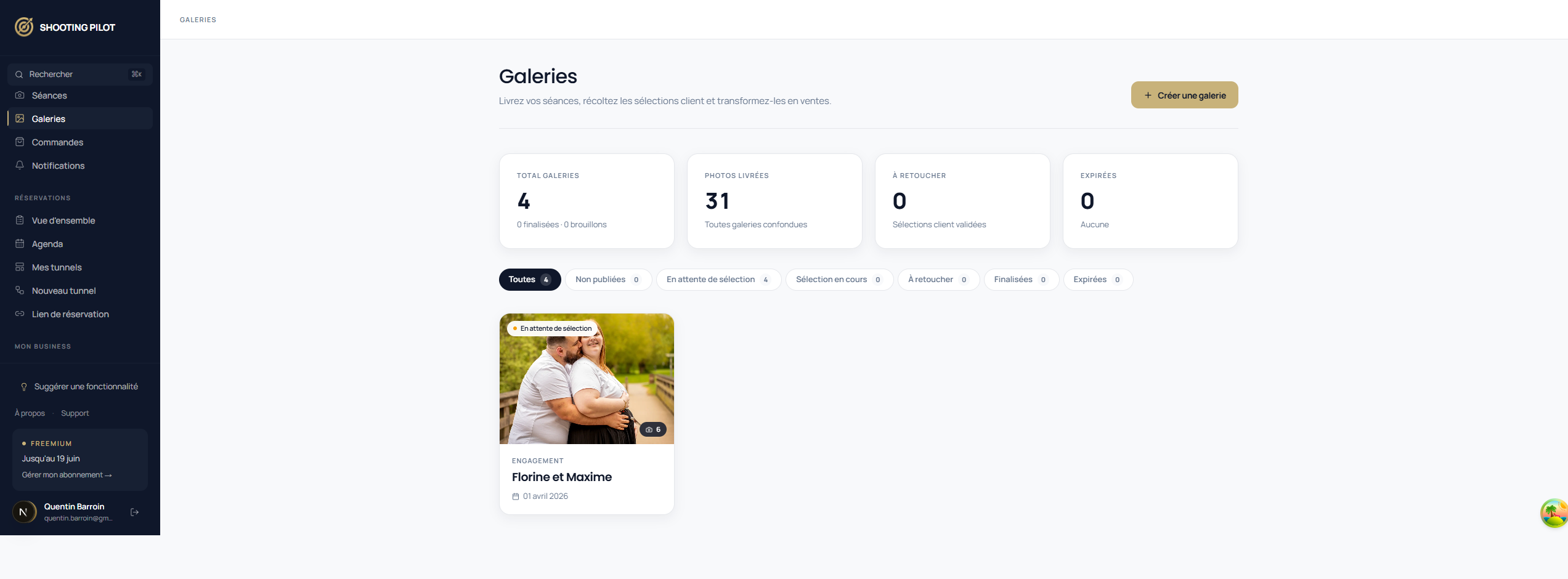 Dashboard — client galleries, KPIs and selection tracking.
