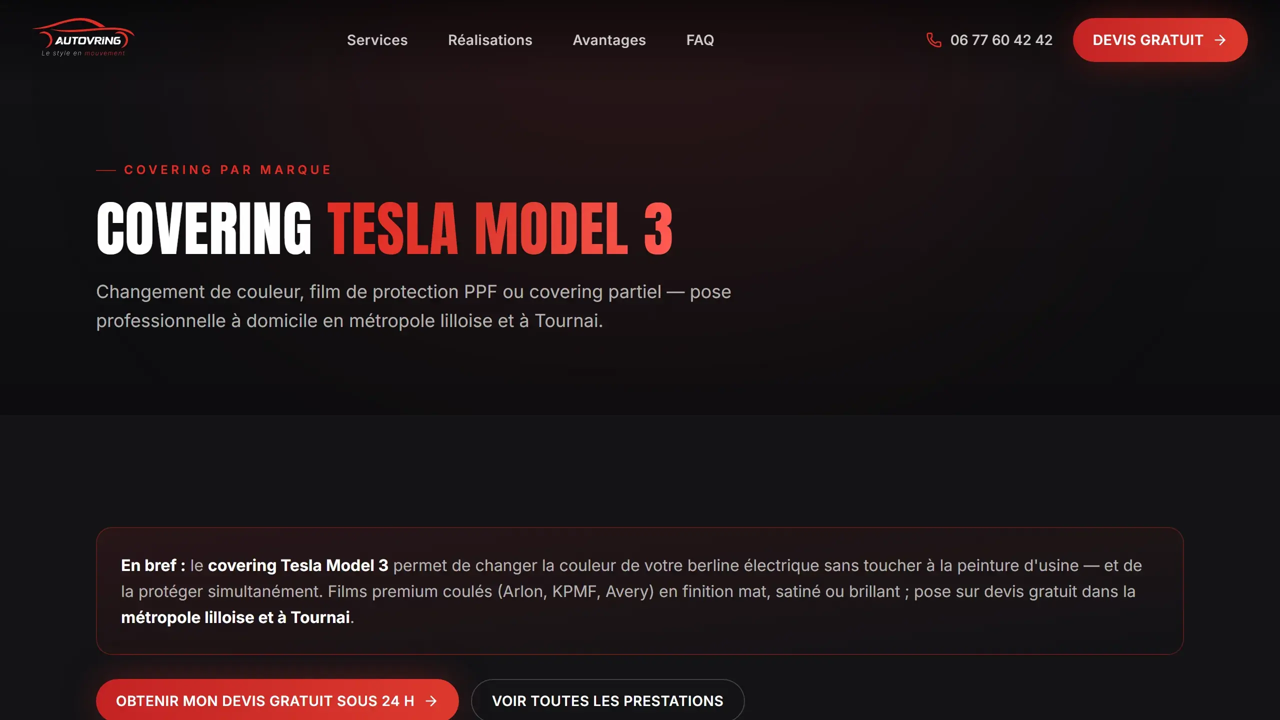 Une des ~60 landing pages SEO locales (ici, covering Tesla Model 3).
