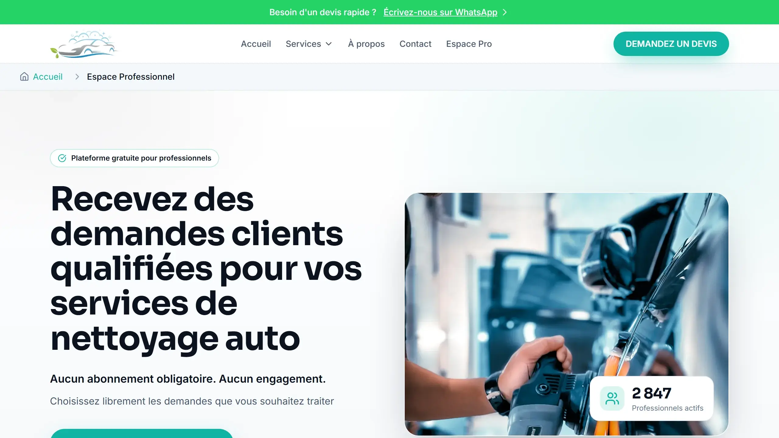 L’espace professionnel : les pros reçoivent des demandes qualifiées, sans abonnement.