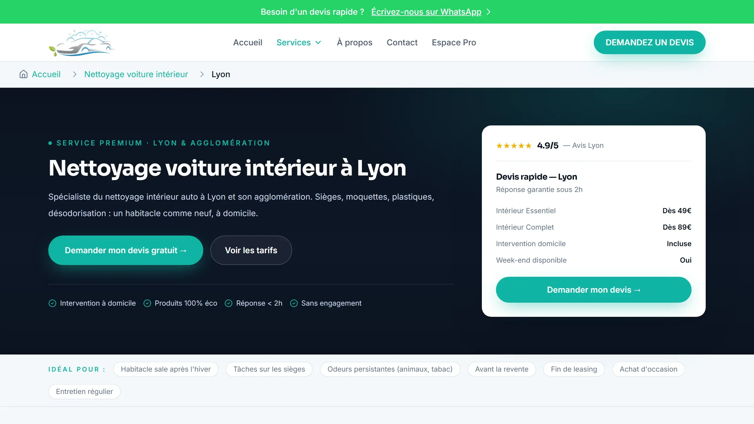 Une des pages SEO locales (ici, nettoyage intérieur à Lyon) : tarifs indicatifs et preuve par ville.