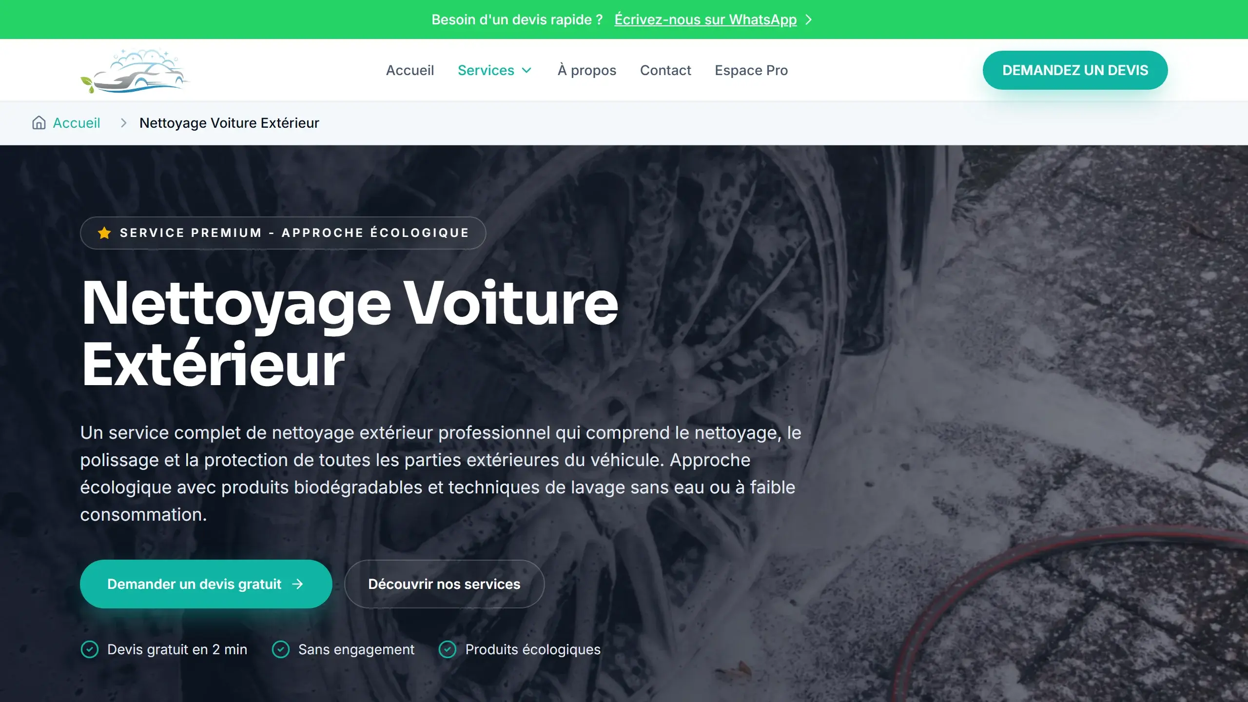 Une page prestation (nettoyage extérieur), avec l’angle écologique et les produits biodégradables.
